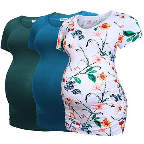 Bearsland Womens 3 Packs V Neck Nursing Tops Maternity Breastfeeding Tee Shirts,Vividblue+whitef+dpgreen,XL