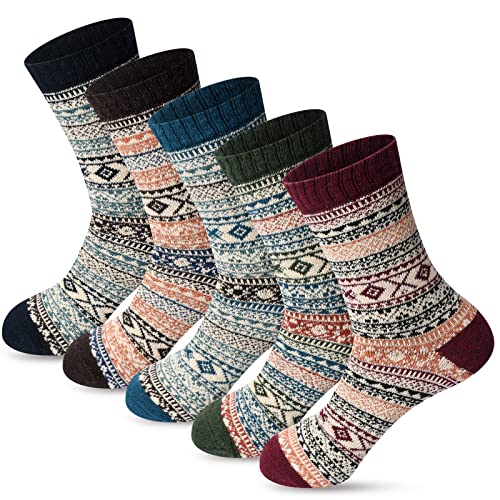 FYC Winter Womens Socks Wool Warm Thick Knit Cozy Crew Casual Vintage Soft Socks for Women Christmas Gifts Socks 5 Pairs