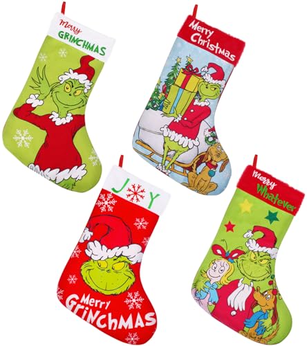 GYGOT 4 Pack Grinchs Christmas Stocking,18 Inch Large Grinchs Stockings Christmas Whoville Decorations for Family Holiday Party Decor