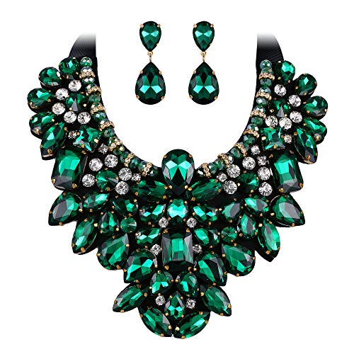 Flyonce Costume Jewelry for Women, Rhinestone Crystal Statement Necklace Earrings Set Emerald Color
