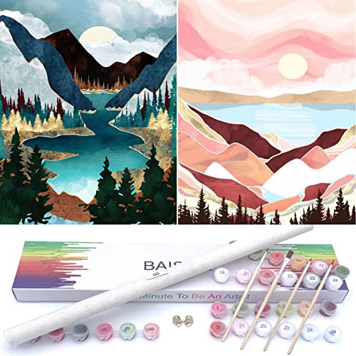 BAISITE Paint by Numbers for Adults Beginners and Kids,12' Wx16 L 2 Pack Canvas Pictures Drawing Paintwork with 8 Pcs Wooden Paintbrushes,Acrylic Pigment-1112