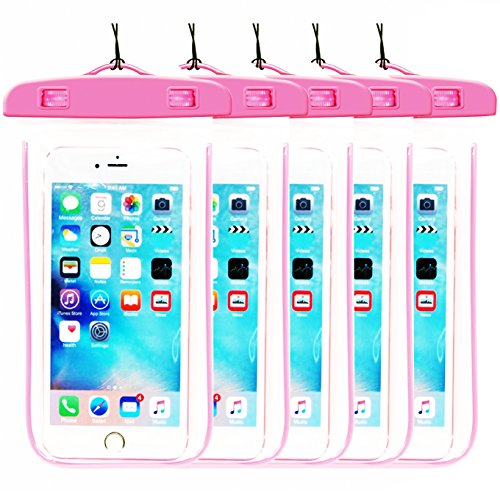 CaseHQ [5Pack] Pink Waterproof Case, Clear Universal Waterproof Case, Dry Bag, Pouch, Transparent for iPhone 7,7plus 8,8 Plus,6 6S Plus SE 5S 5C, Samsung Galaxy s8,s8 Plus,S7 S6 Edge, Note 5 etc.