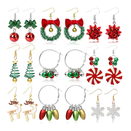 YANCHUN Christmas Dangle Earrings Holiday Earrings for Women Teen Christmas Gifts Snowflake Tree Jing Bells Snowman Earring (C: Bling Set)