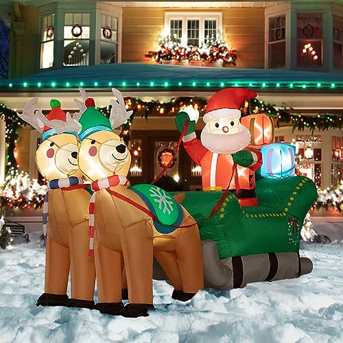 VIVOHOME 6.9ft Long Christmas Inflatable LED Lighted Santa on Gray Sleigh with Reindeers and Gift Boxes Blow up Outdoor Yard Decoration