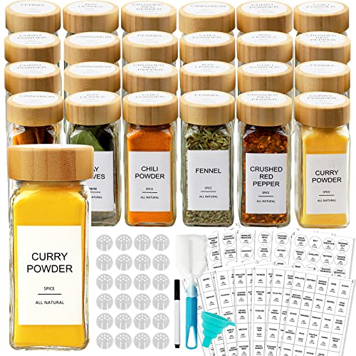 AISIPRIN 24 Pcs Glass Spice Jars with Bamboo Airtight Lids and 398 Labels, 4oz Empty Square Spice Containers Seasoning Organizer Bottles,-Shaker Lids, Funnel, Brush and Marker Included