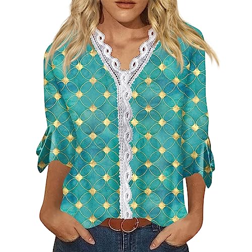 Women's 3/4 Sleeve Collar Tops,Womens 3/4 Sleeve Blouses for Work Professional Summer Tops for Women 2023 Trendy Womens Cotton Tops Dressy Casual Graphic Tees for Women(1-Cyan,X-Large)