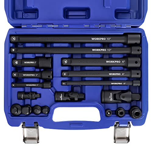 WORKPRO 18-Pieces Drive Tool Accessory Set, Includes Socket Adapters, Socket Extension Bar, Swivel Universal Joints and Impact Coupler, 1/4', 3/8' & 1/2' Drive