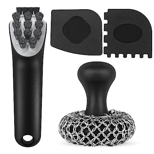 Cast Iron Scrubber | Dish Scrub Brush | 316 Cast Iron Cleaner Chainmail Scrubber for Cast Iron Pan Skillet Cleaner - Dish Scouring Pad Dishwasher Safe Cleaning Kit (Black, 4-Pack)