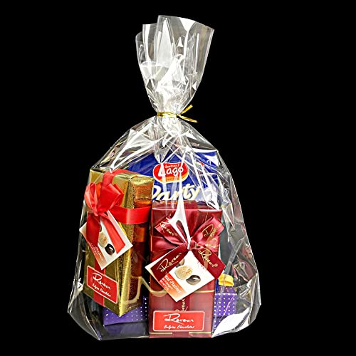 PigPotParty 10'x 14', 50Pcs Bottom Gusset Bags, Clear Plastic Gift Bags, Cellophane Mug Treat Goodie Bags with 50x Twist Ties, Large Party Favor Packaging, Toy Wrapping (No Side Gusset)