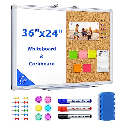 White Board and Cork Board Combo, 36 x 24 Inches Magnetic Whiteboard with Bulletin Board for Home Office Wall to-Do List, Push Pin Board Vision Board with 3 Marker 1 Erase 6 Magnet