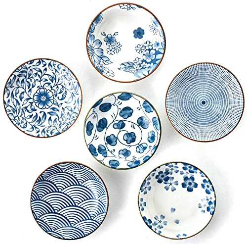 WEUNUM Soy Sauce Bowls/Dishes Set of 6, 4 Inch Dipping Bowls Sushi Plates and Appetizer Dessert Small Bowls for Charcuterie Board,3 oz Porcelain Pinch Bowls for Kitchen Prep(Blue mixed)