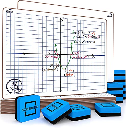 Scribbledo 12 pack Dry Erase XY Axis Graph Lap Boards 9” X 12” for Student and Classroom Use, Math White Board - Double Sided White Boards with 12 Erasers Included