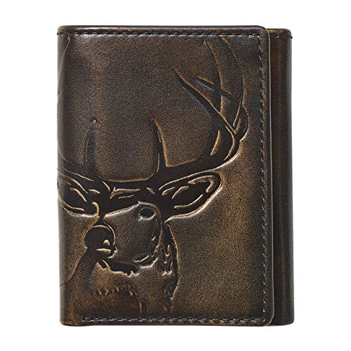 HoJ Co. DEER Trifold Wallet For Men | Hand Burnished Full Grain Leather | Spacious Mens Trifold Wallet | Deer Wallet | Outdoorsman Gift