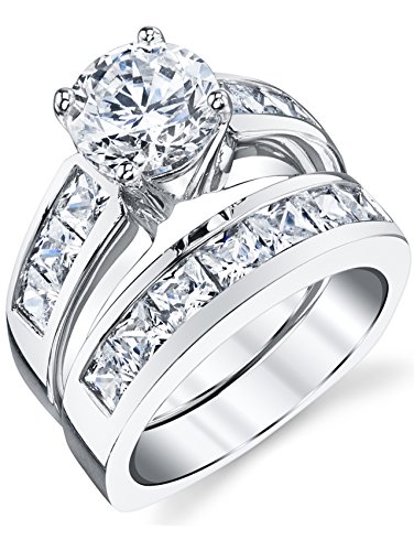 2 Carats Sterling Silver Bridal Set Cubic Zirconia Engagement Wedding Ring Bands with Round and Princess Cut