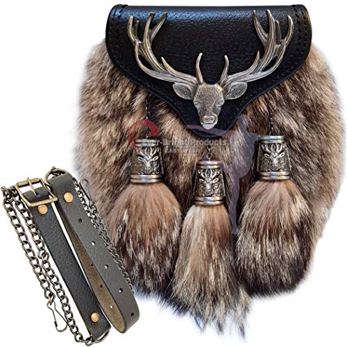 Scottish Kilt Semi Dress Sporran Semi Stag Sporran Antique Unique Stag.450 (Enamel Stag Fox Fur)