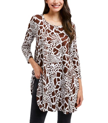 ENMAIN Womens Tunic Tops Plus Size 3/4 Sleeve Loose Fit Ladies Blouse Casual Swing Flare Hide Belly Long Women's Tunics Tops for Leggings Brown