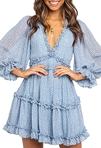 Dokotoo Womens Casual Ladies Deep V Neckline Long Sleeve Leopard Print High Waist Mini Dress Fashion Skater A Line Ruffle Hem Flare Swing Dresses Blue X-Large