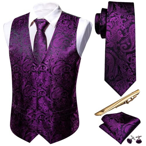 Barry.Wang Men Paisley Purple Dress Vest Matched Tie Set Suit Waistcoat Formal Wedding 5PCS