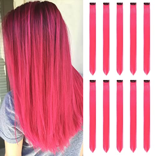 MEckily 22 inch Colored Pink Hair Extensions Party Highlights, Straight Hairpiece Clip in Synthetic Hair Extensions for Kids Girls(10 Pcs Pink)