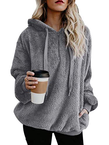 Century Star Womens Fuzzy Hoodies Pullover Sport Hoodie Cozy Oversized Pockets Hooded Sweatshirt Athletic Fleece Hoodies Grey Medium