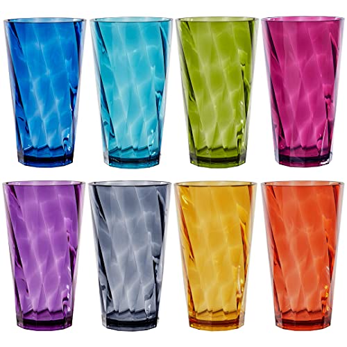 US Acrylic Optix Plastic Reusable Drinking Glasses (Set of 8) 20oz Water Cups in Jewel Tone Colors | BPA-Free Tumblers, Made in USA | Top-Rack Dishwasher Safe