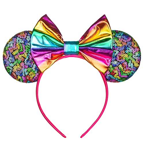 Foeran Mouse Ears Headbands Shiny Bows Mouse Ears Glitter Party Princess Decoration Cosplay Costume for Girls Women (Magic rainbow-1)