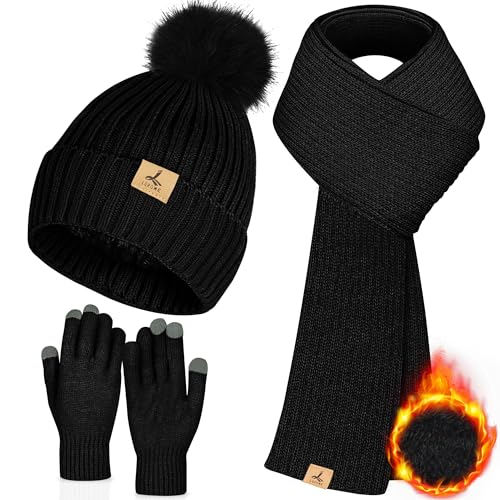 Women Winter Beanie Hat Scarf Gloves Set, Fleece Knitted Pom Pom Hat Soft Warm Long Neck Scarf Touchscreen Gloves Winter Gift