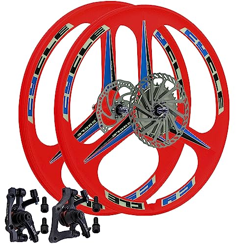 BBR Tuning Bicycle Rims 26 Inch - Heavy Duty Red 3 Spoke Mag Rim Wheelset - Beach Cruiser Mountain Bike Wheels - 26Inch Wheel - MTB Front & Rear