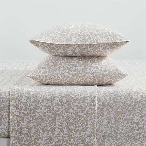 Tahari Home - King Sheets, 4-Piece Cotton Flannel Bedding with Matching Pillowcases, Cozy Home Decor (Scroll Taupe, King)