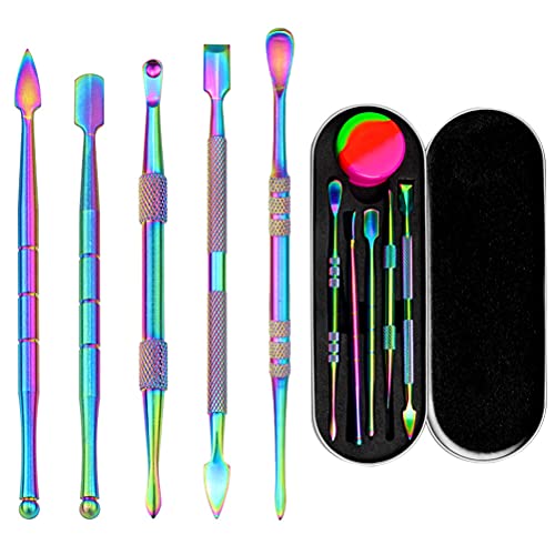 6 Pieces Wax Carving Tool Set, Double-Ended Carving Tool Stainless Steel Wax Sculpting Tools with 5ml Silicone Container Jar and Portable Metal Case for Wax Oil Clay Pottery, Rainbow Color