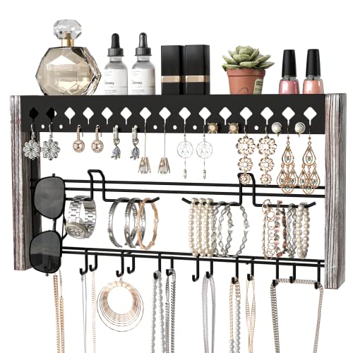JackCubeDesign MK460A - Wood Wall Mount Jewelry Organizer with Metal Hooks (Rustic Wood)