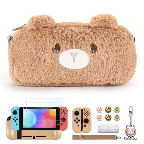 Switch Case for NS Switch, innoAura 15 in 1 Switch Accessories Bundles with Switch Carrying Case, Switch Game Case, Switch Protective Case, Switch Screen Protector, Switch Thumb Caps (Brown Bear)