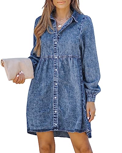 LookbookStore Jean Dresses for Women Denim Button Up Dress for Women Babydoll Dress for Women Long Sleeve Mini Dress Casual Dresses for Women Bay Blue Size Small Size 0 2