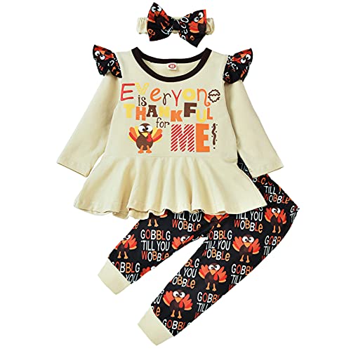 HINTINA Toddler Baby Girl Thanksgiving Outfits Ruffle Turkey Dress Top Pants Headband 3PC Fall Winter Clothes Set(Apricot,18-24 Months)