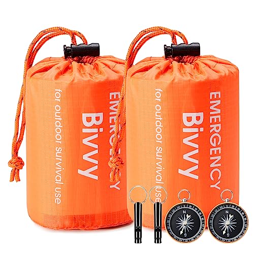 Esky Emergency Sleeping Bag, 2 Packs Waterproof Lightweight Thermal Bivy Sack, Survival Shelter Blanket Bags with Compass and Loud Survival Whistle, Portable Sack for Camping, Hiking, Outdoor