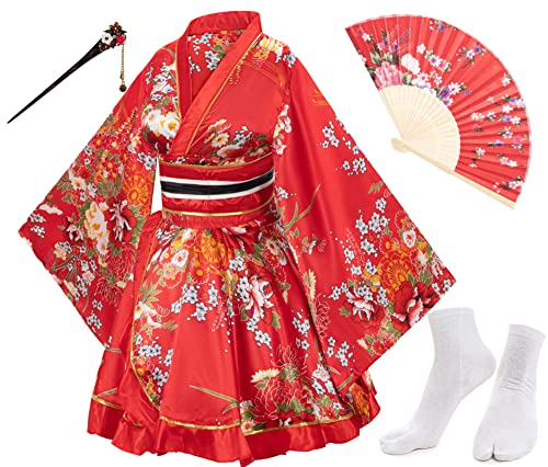 Japanese Anime Women's Dance Kimono Robe Fancy Dress Yukata Silk Folding Fans Tabi Hairstick Socks Set Red Small