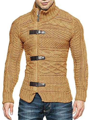 Karlywindow Men's Cable Knitted Oplique Zip Button Front Long Sleeve Cardigan Sweater (Medium, Brown)