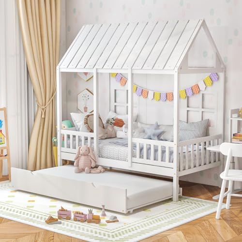 Giantex Twin House Bed with Trundle, Kids Bed Frame with 82' Tall Roof, Windows and Guardrail, Wooden Playhouse Bed for Teens Boys Girls Bedroom, No Box Spring Needed, Free to Decorate, White