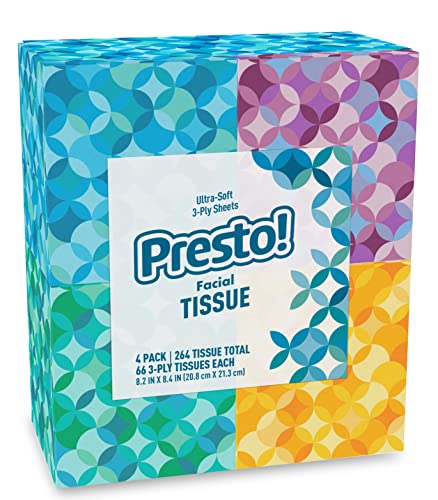 Amazon Brand - Presto! Ultra-Soft 3-Ply Premium Facial Tissues, 264 Count (4 Packs of 66)