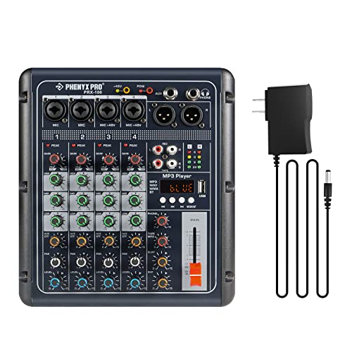 Phenyx Pro PRX-100 Audio Mixer, Compact 4+2 Channels Mixing Console with 3-Band EQ, USB Recording Interface, Bluetooth, 48V Phantom Power, suitable for Home Recording, Webcast, K Song