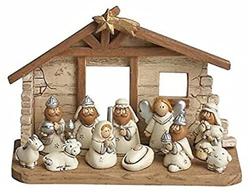 Miniature Nativity Scene with Creche, Set of 12 Rearrangeable Figures.