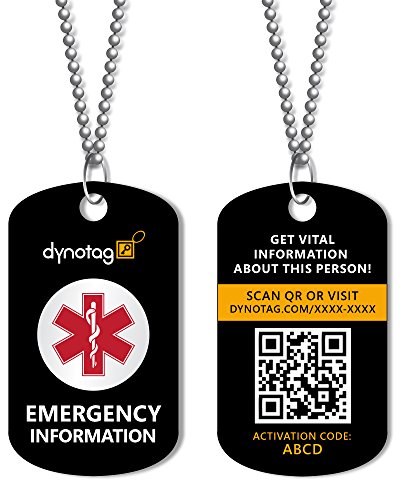 Dynotag SuperAlert Smart Medical ID with Detailed Online Profile; Military Style Steel Pendant & Chain Set, with Lifetime Subscription