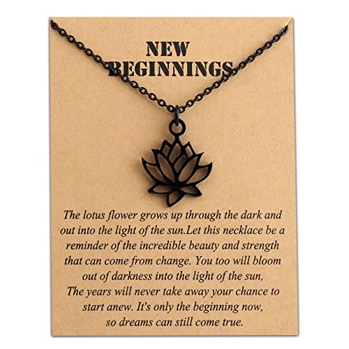 bobauna Yoga Lotus Flower Aum Om Ohm Sanskrit Symbol Pendant Necklace Spiritual Jewelry Inspirational Gift Gift (Lotus flower card necklace black)