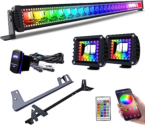 Lpteso RGB LED Light Bar 52'' inch + 2PCS 4 Inch Flood RGB LED Pods with 16 Solid Colors Chasing Ring Changing with Strobe Flashing with Upper Windshield Mounting Brackets Fit Wrangler JK 2007-2018