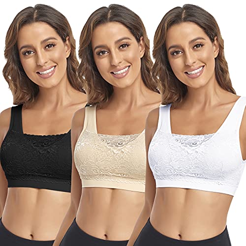 Litthing Lace Bralettes for Women Padded Sports Bra Seamless Wirefree Comfort Lace Bra Yoga Cami Bra. (Black 1, White 1, Skin 1, XXL)