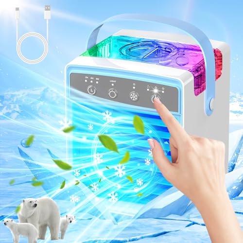 Portable Air Conditioners Fan, Personal Evaporative Air Cooler Mini Air Conditioner Humidifier with 3-Speed, 3-Timer, 7 Color Led Light, Small Portable Ac Unit Fan for Room Car Tent Office Camping