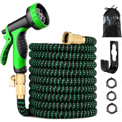 100 ft Expandable Garden Hose - Flexible Water Hose with 10 Spray Nozzle - Car Wash Hose with 3/4' Solid Brass Connector - Flexible Expanding Hose with 10 Pattern Spray Nozzle..