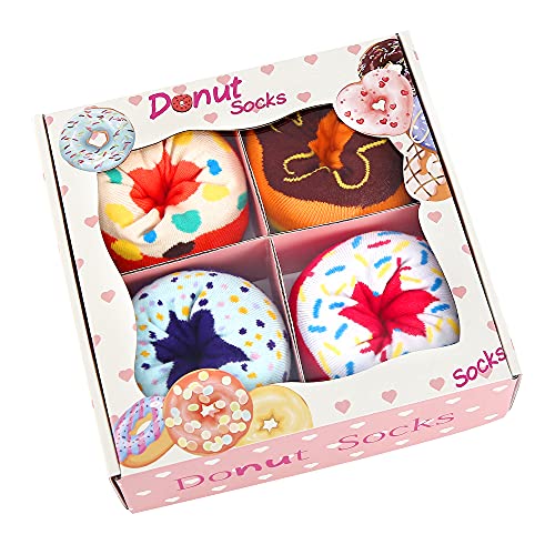 Funny Donut Socks Box for Women Teen Girls Ladies - Valentines Novelty Gifts for Girlfriend Daughter Mom Donut Gifts Funky Food Cute Crazy Silly Socks Birthday Fun Gifts Ideas Christmas Stocking Stuffers(4 pairs)