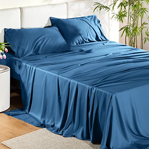 Bedsure Full Size Sheets, Cooling Sheets Full, Rayon Derived from Bamboo, Deep Pocket Up to 16', Breathable & Soft Bed Sheets, Hotel Luxury Silky Kids Bedding Sheets & Pillowcases, Peacock Blue