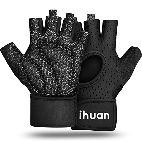 ihuan Breathable Weight Lifting Gloves: Fingerless Workout Gym Gloves Wrist Support Palm Protection Extra Grip for Fitness Rowing Pull-ups